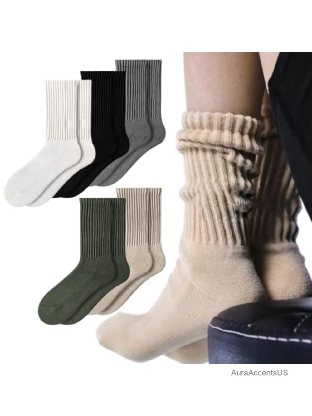 Women's Slouchy Crew Socks Cotton Blend Ribbed Retro 5 Pack